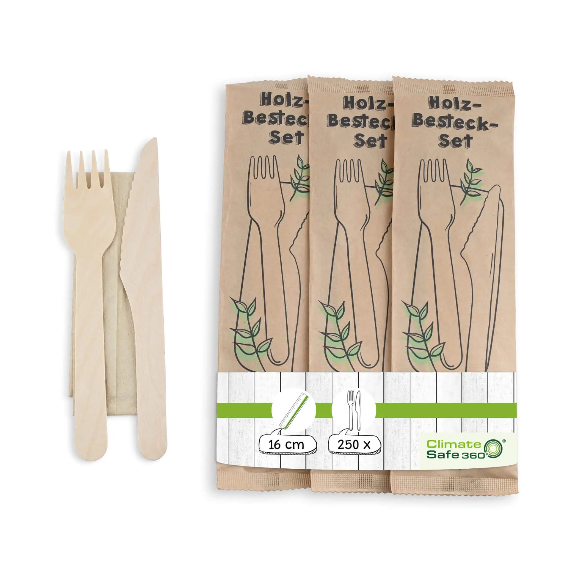 Kit de couverts en bois couteau, fourchette & serviette, 16 cm, revêtement bio