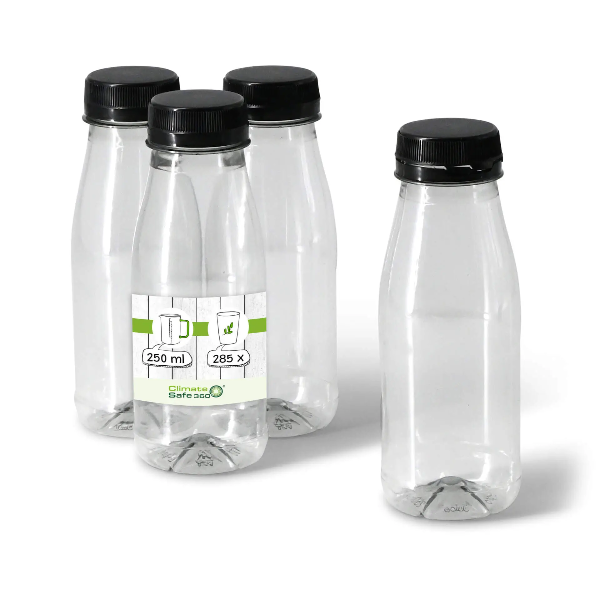 Bouteille en rPET 250 ml, transparente, bouchon noir