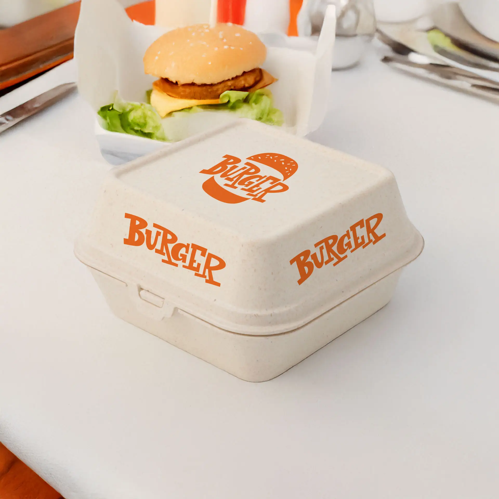 Boîte à burger réutilisable "merways Box" cajou / crème 16 x 15 x 8,5 cm personnalisable (4 faces)