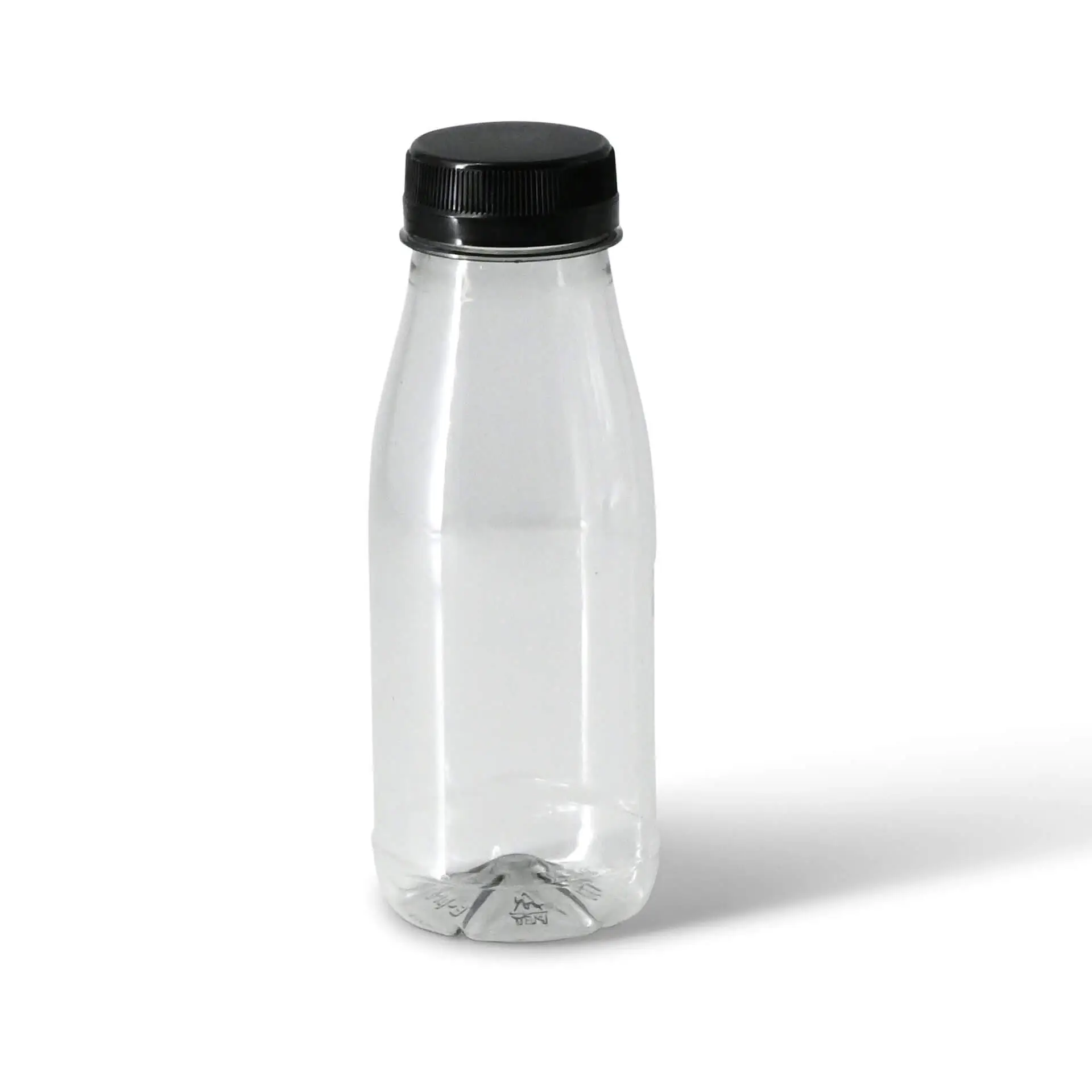 Bouteille en rPET 250 ml, transparente, bouchon noir