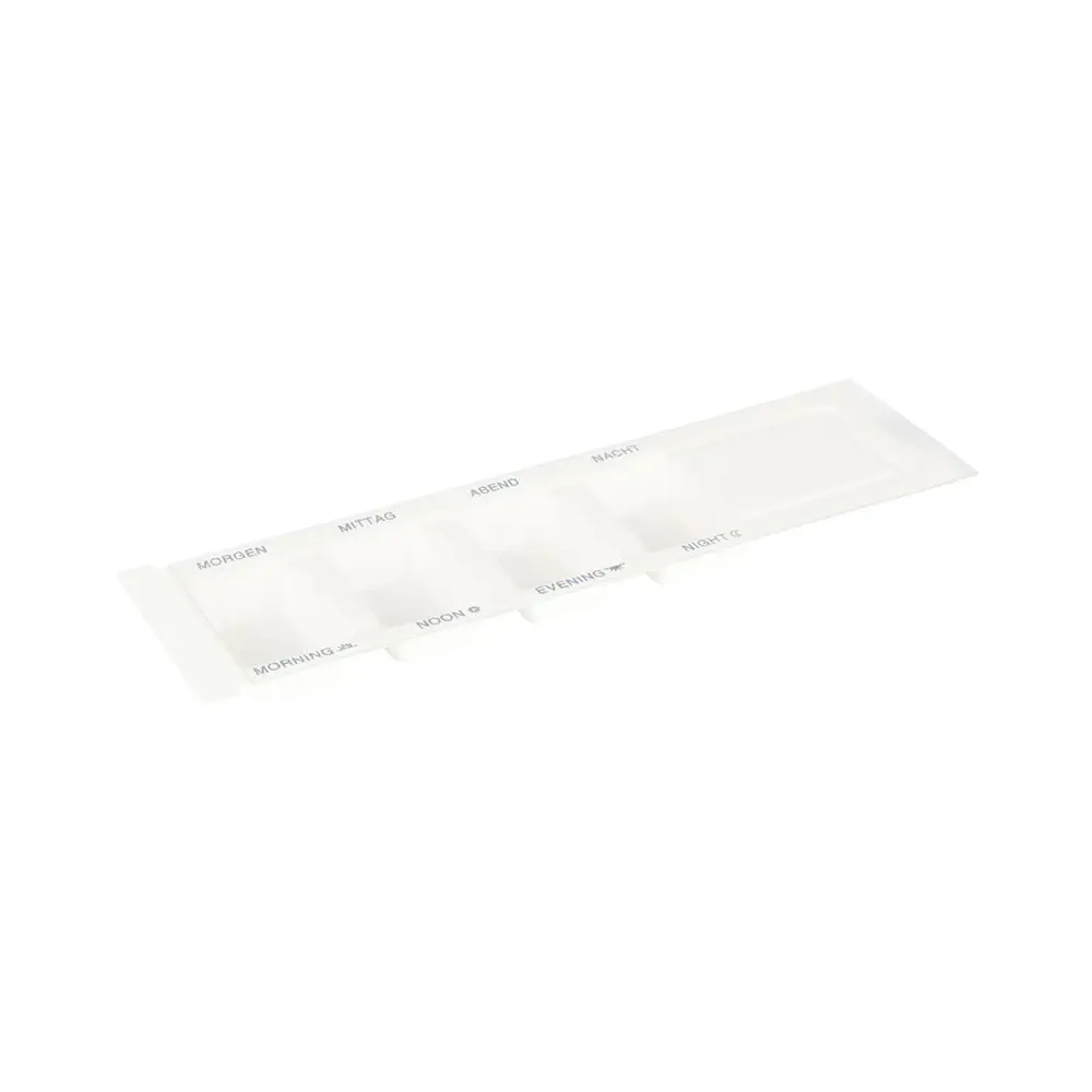 Distributeur de médicaments en fibres végétales 6 x 22 x 1 cm, 4 compartiments, couvercle coulissant en rPET