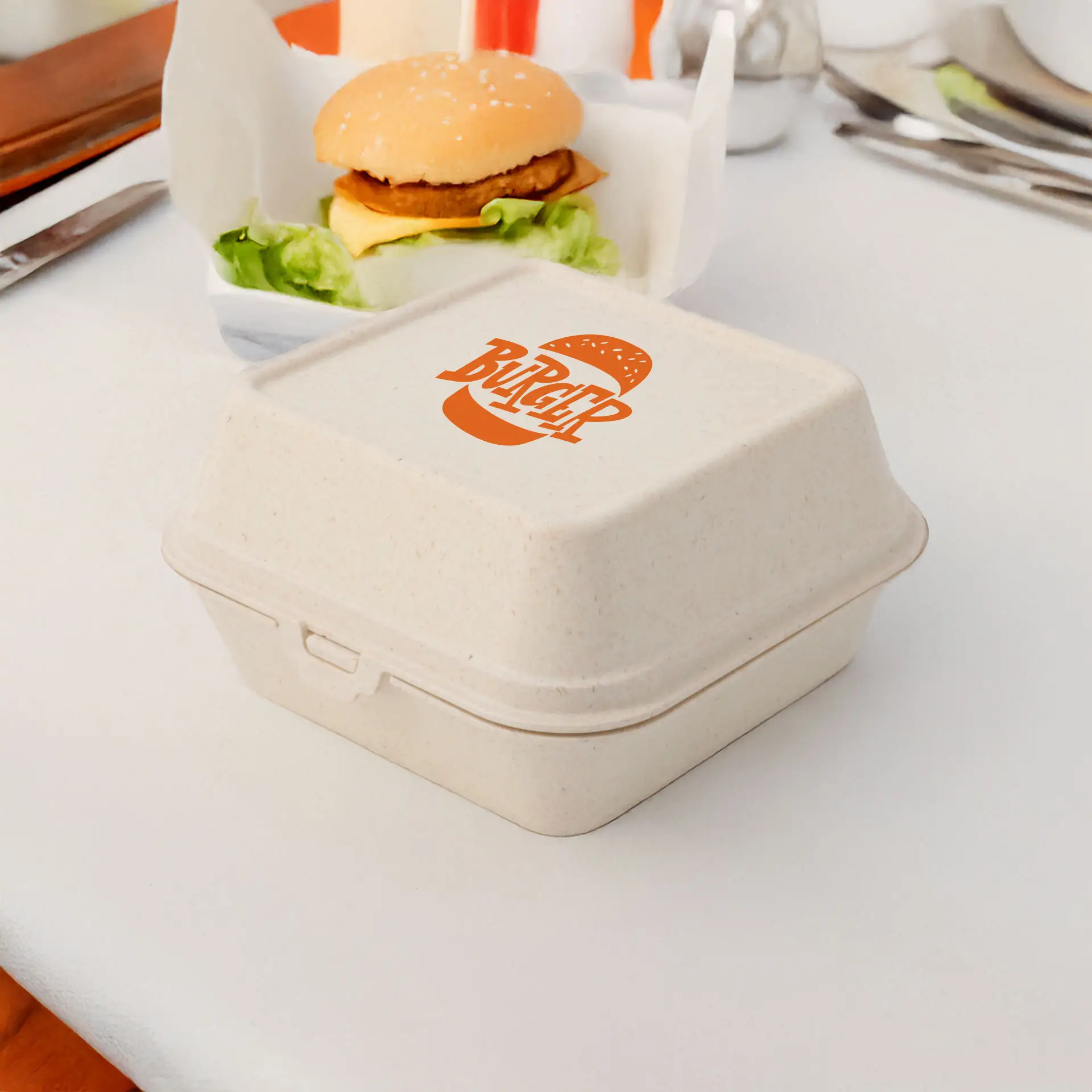 Boîte à burger réutilisable "merways Box" cajou / blanc crème 16 x 15 x 8,5 cm personnalisable (1 face)