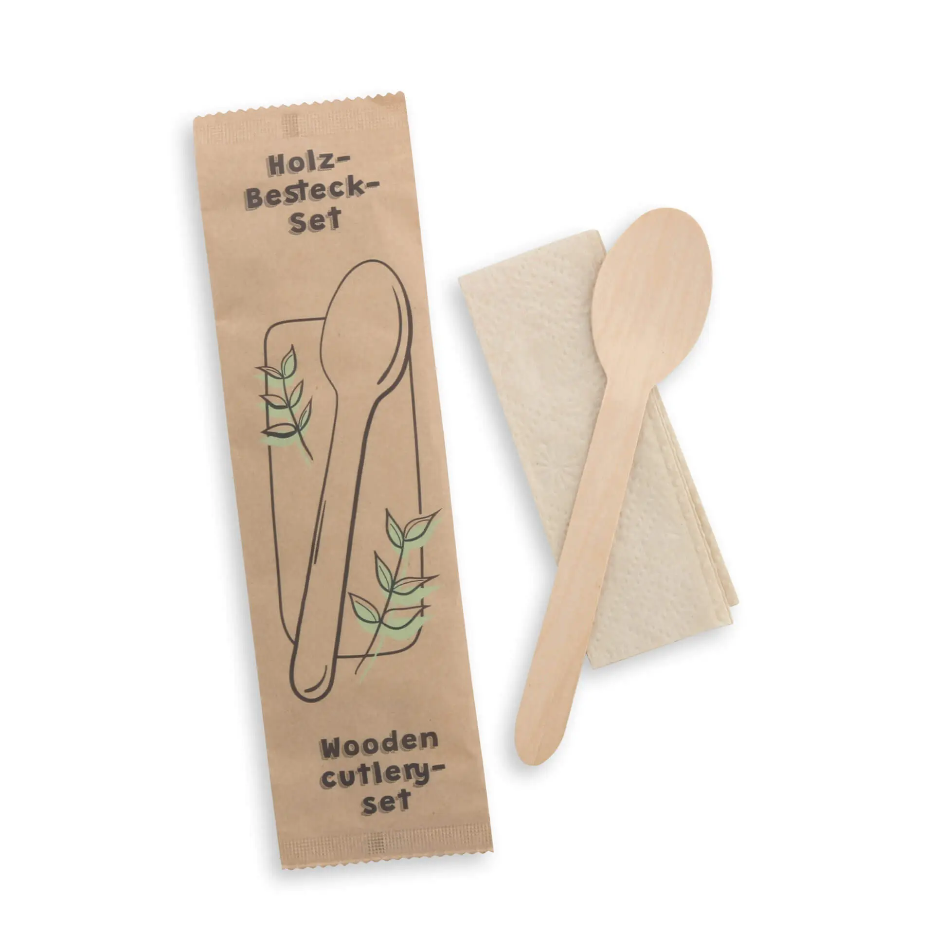 Kit de couverts en bois cuillère & serviette, 16 cm, revêtement bio